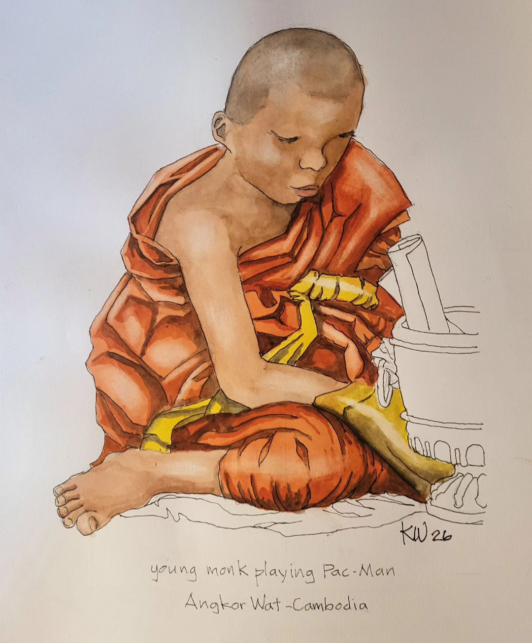 Young Monk Playing Pac Man — Angkor Wat, Cambodia